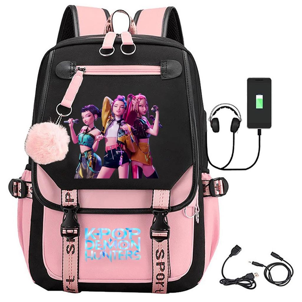 Movie Peripheral Print Backpack, School Bag Student Campus With Plush Ball Backpack With USB Port