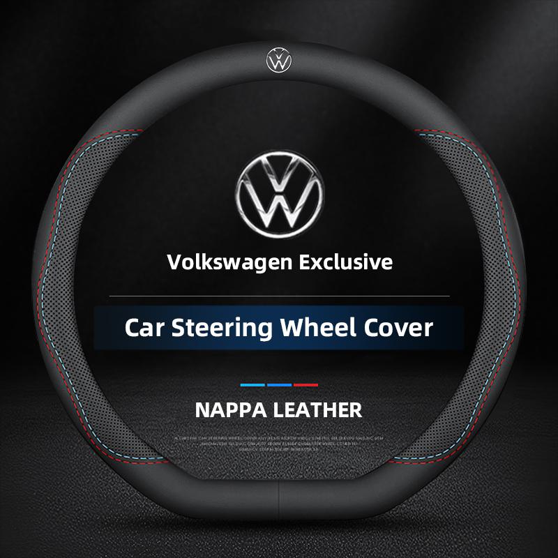 38cm Nappa Leather Car Steering Wheel Cover Auto Accessories For VW GTI Polo Golf Passat Tiguan Arteon Touareg CC Taigo Caddy ze3