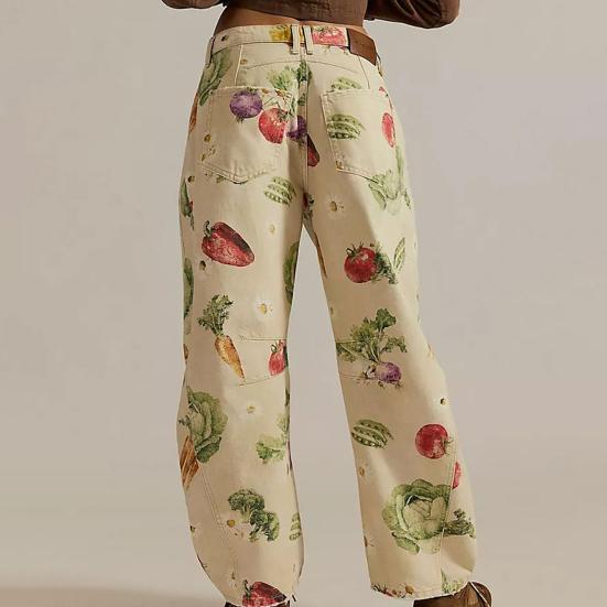 Джинсы-бочки для женщин, джинсы-бойфренды мешковатого кроя с цветочным принтом, повседневные джинсы из денима с широкими штанинами до щиколотки и средней посадкой