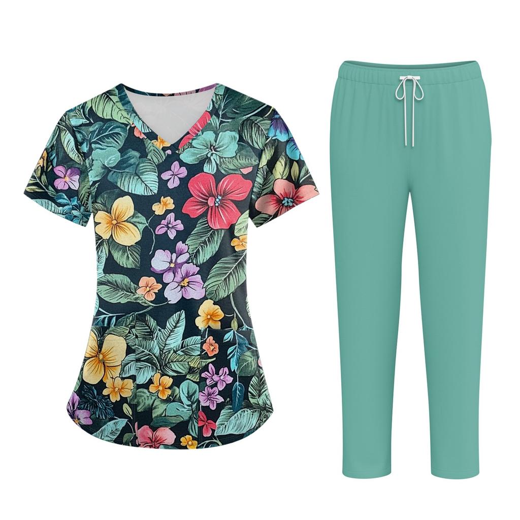 Plus SizePrinted Scrub Working Uniform Tops For Women's Cross V-Neck Halloween Print Short Sleeve Fun T-Shirts Workwear Tee With Pockets