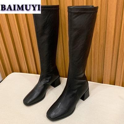 Женские сапоги до колена на среднем каблуке, модные туфли с квадратным носком и массивным носком, тренд зимы 2024 года, элегантные туфли-лодочки для вечеринки в готическом стиле, туфли-лодочки Chelsea Mujer