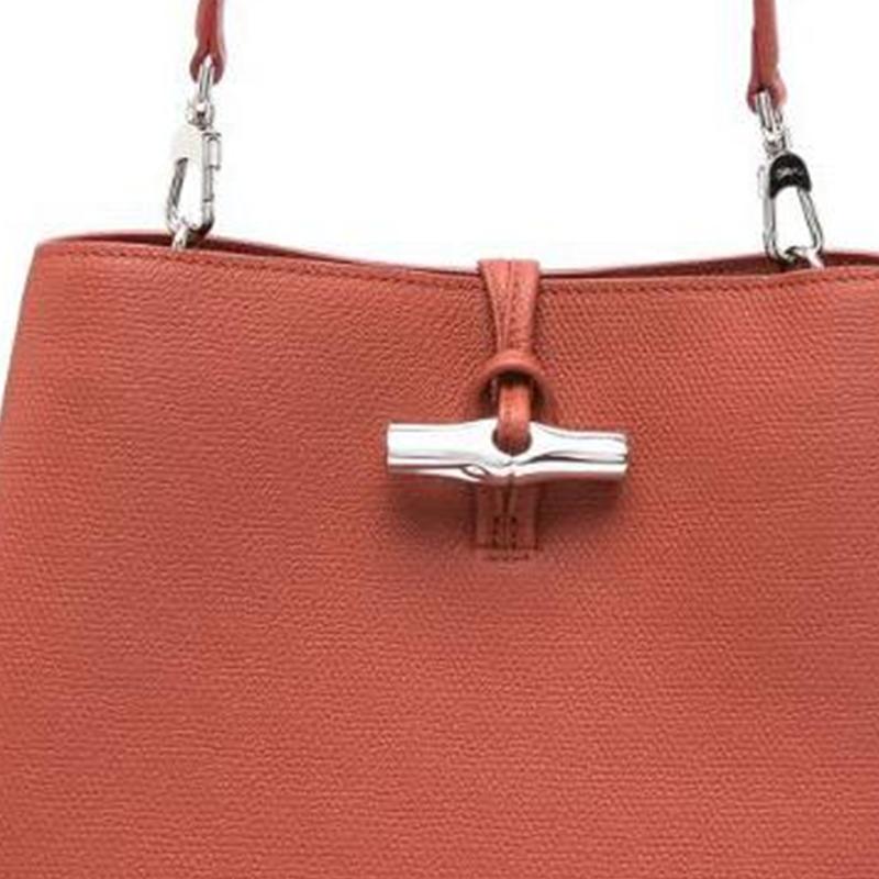 Longchamp Le Roseau Silver Hardware Detachable Shoulder Strap Leather Tote Shoulder Bag Medium Coral Red Women Bags 10281HFP404