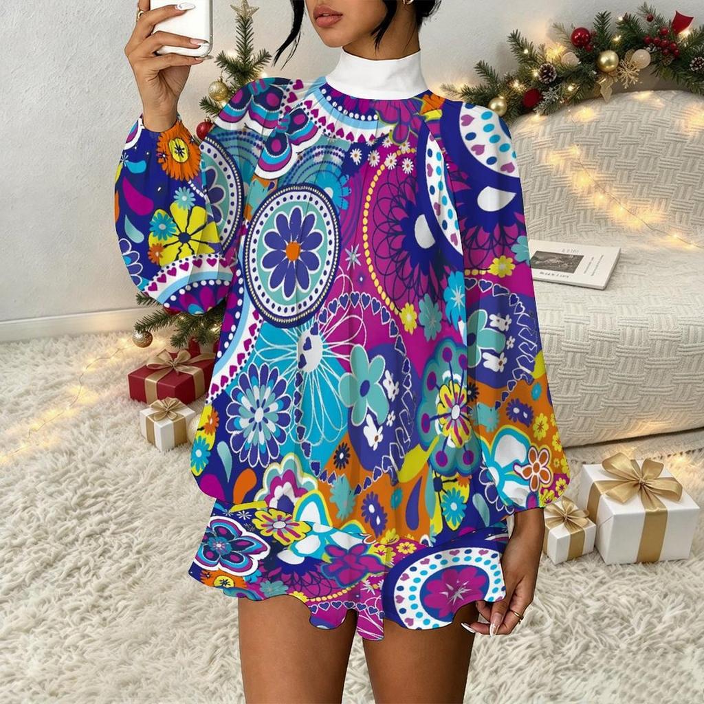 Women's 3D Ethnic Embroidery Floral Print Mock Neck Long Sleeve Dress, Raglan Sleeve Fake Two Piece Mini Dress