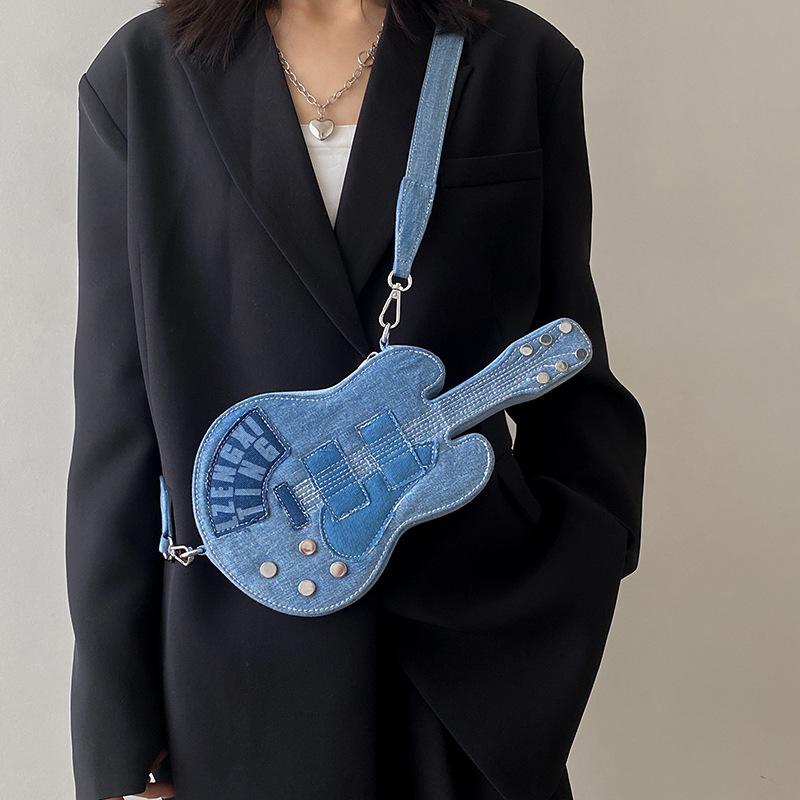 Export Arrival Denim Guitar Bag, Indie Rock Grunge Shoulder Bag, Niche Fashion Statement, Instagram-Ready Unisex Purse