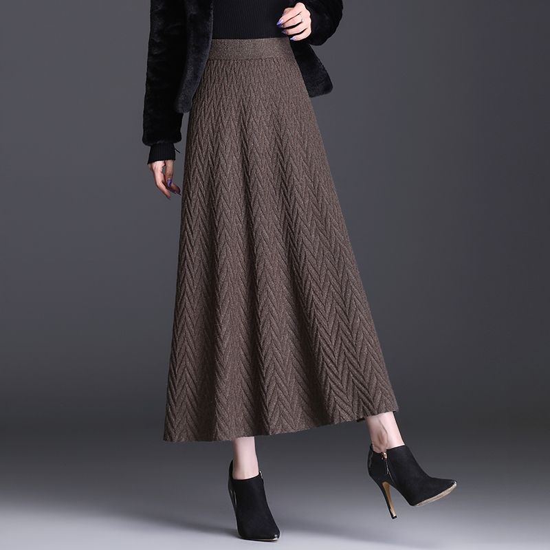 Осенне-зимняя женская утолщенная вязаная миди-юбка А-силуэта с высокой талией, облегающая, плиссированная расклешенная юбка