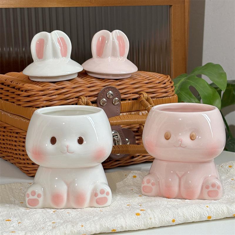 Cartoon Rabbit Shaped Ceramic Mug with Lid Coffee Milk Cup Cute Couple Breakfast Cup Household Drinkware Valentine's Day Gift