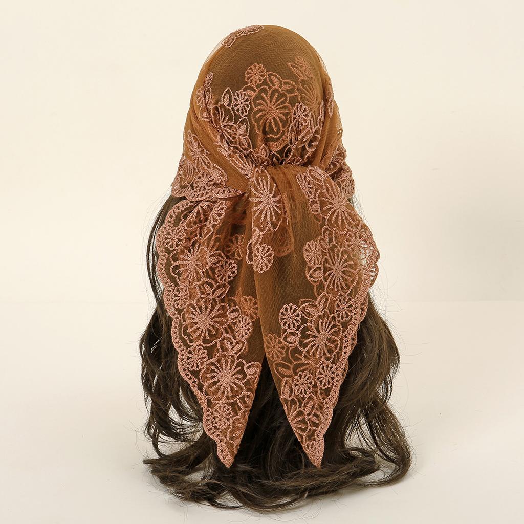 80*80 cm Lace Square Scarf Bandanas Style Rock Embroidery Floral Headband Net Breathable Hijab Headscarf Wraps Muslim Woman Veil