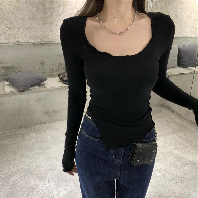 Футболки с длинным рукавом, женские вязаные стройные осенние футболки с неровным подолом, шикарные модные сексуальные однотонные футболки