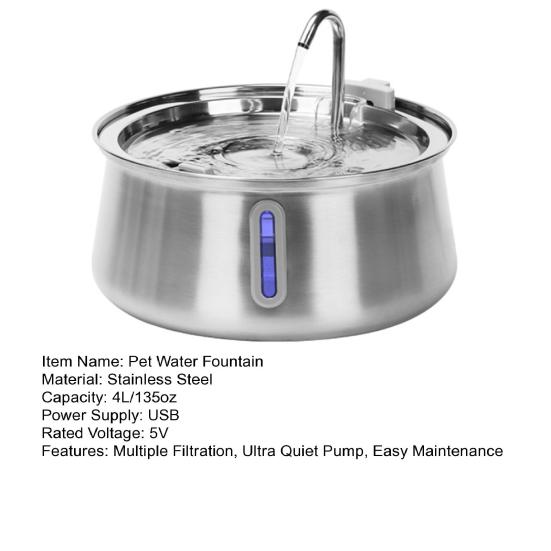 Cat Water Fountain Stainless Steel Automatic Water Fountain with Multiple Filtration 4L/135oz Quiet Dog Fountain with Water Level Window