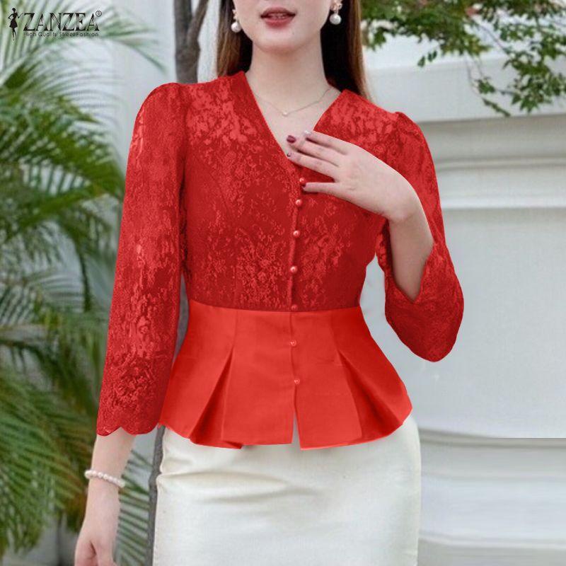 ZANZEA Женская повседневная блузка с V-образным вырезом, рукавом 3/4 и кружевной вставкой, приталенного силуэта