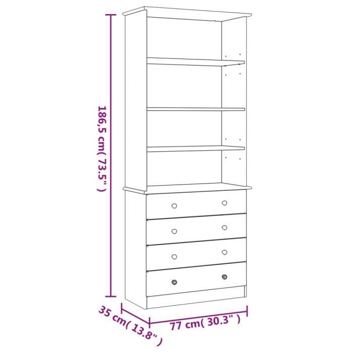 VidaXL Bookcase Drawers ALTA White 77x35x186.5cm Solid Pine Wood 353954