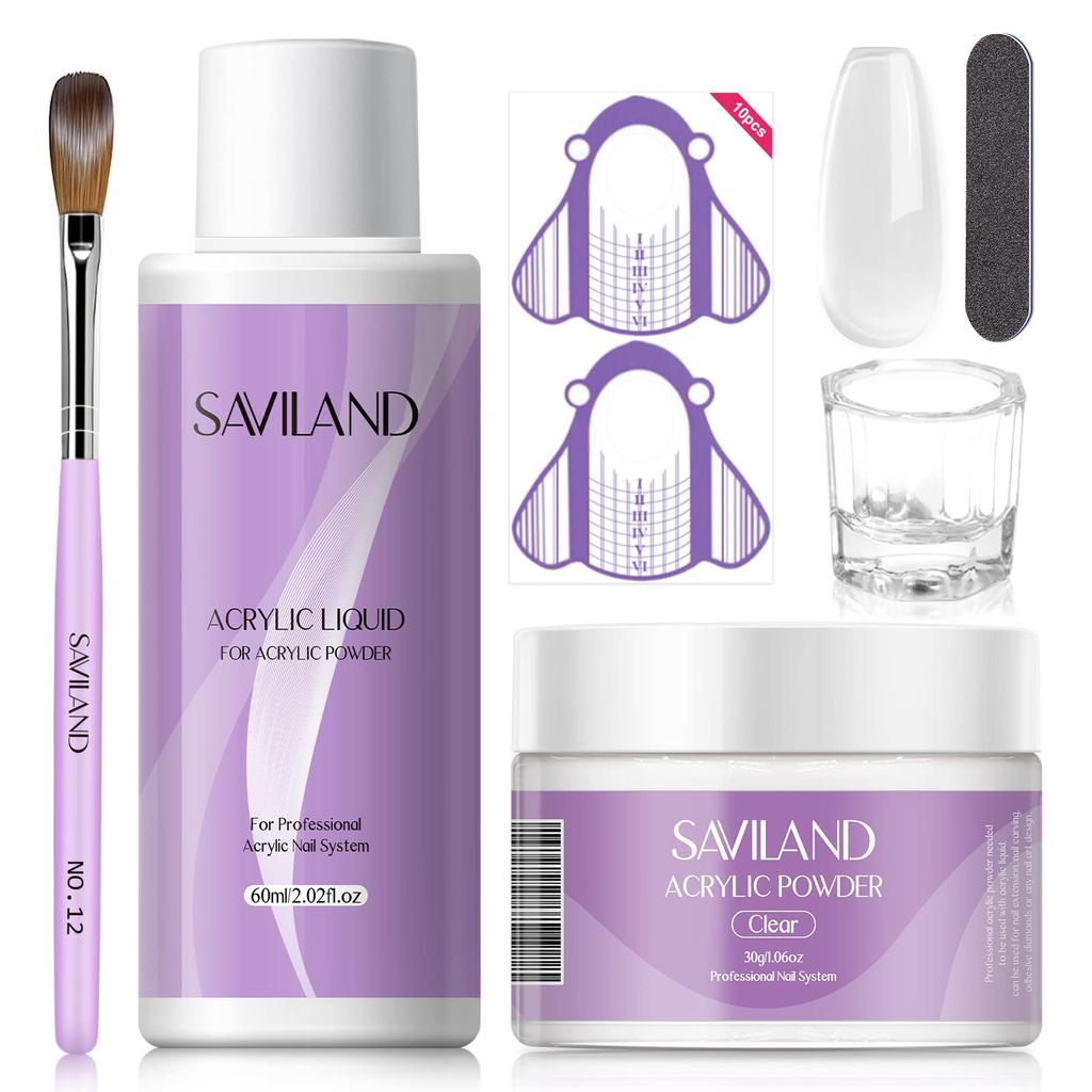 Набор для наращивания ногтей Saviland Acrylic Nail Kit 30 г прозрачной акриловой пудры и 60 мл акриловой жидкости Набор кисточек для наращивания ногтей Набор инструментов для наращивания ногтей для начинающих