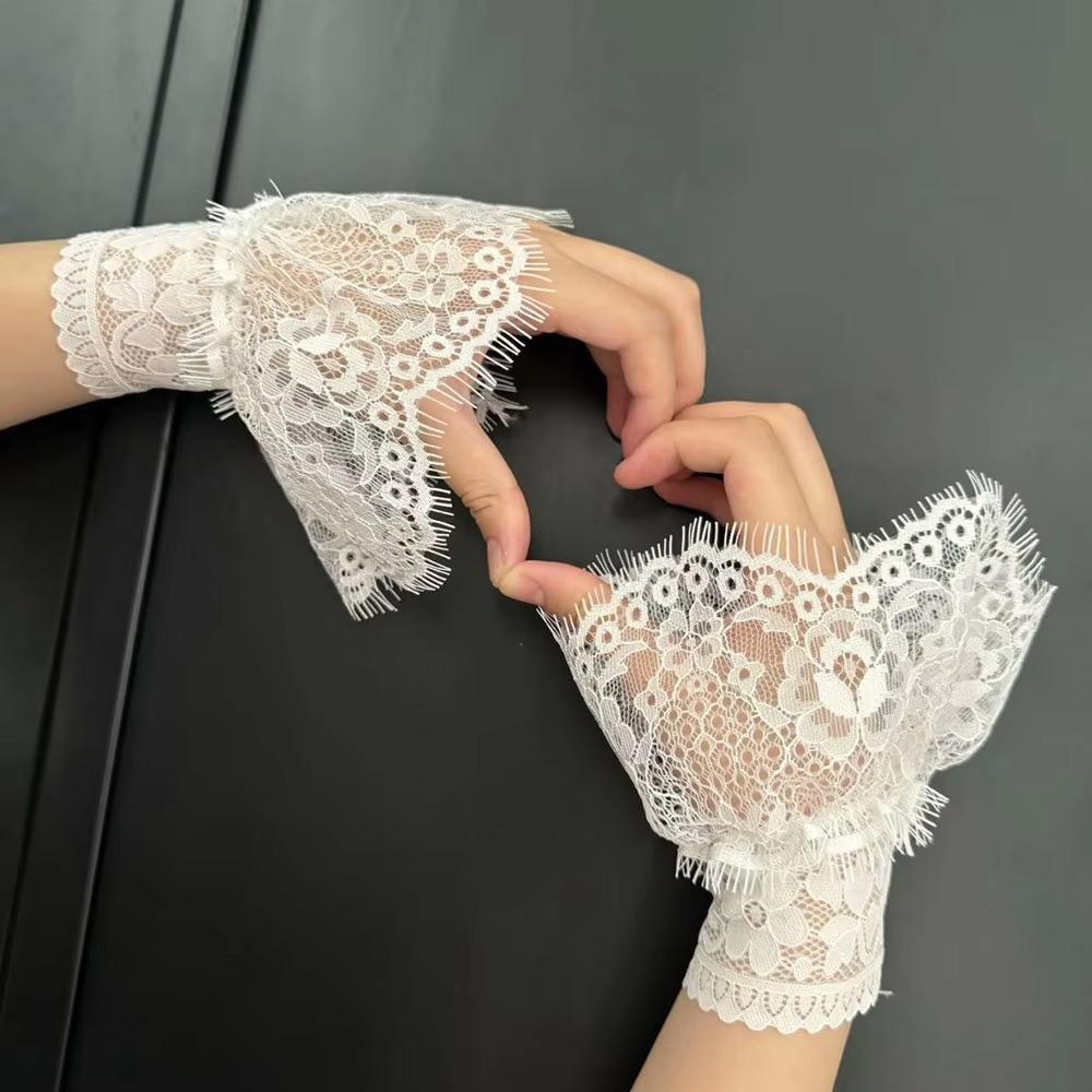 1 Pair Lace Ruffles Fake Cuffs Multi Layer Pleated Flare False Gloves Floral Pattern White Black Elbow Sleeve Cuff