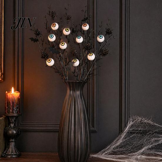 Halloween Horror Atmosphere Decor Black Artificial Branches, Scary Eyeballs Picks with Bats Pine Spooky Cones for Gothic Vase Filler, Floral