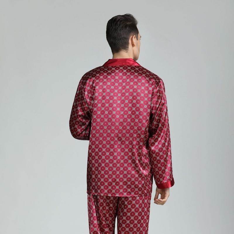 2025 Новый мужской шелковый атласный классический пижамный комплект с длинным рукавом и принтом Роскошный шелковый пижамный комплект для сна