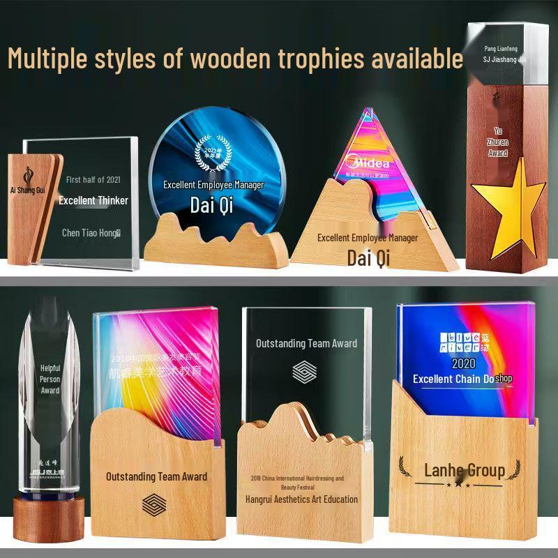 Engraved Wooden Crystal Trophy - Creative Gift for Outstanding Employee Awards