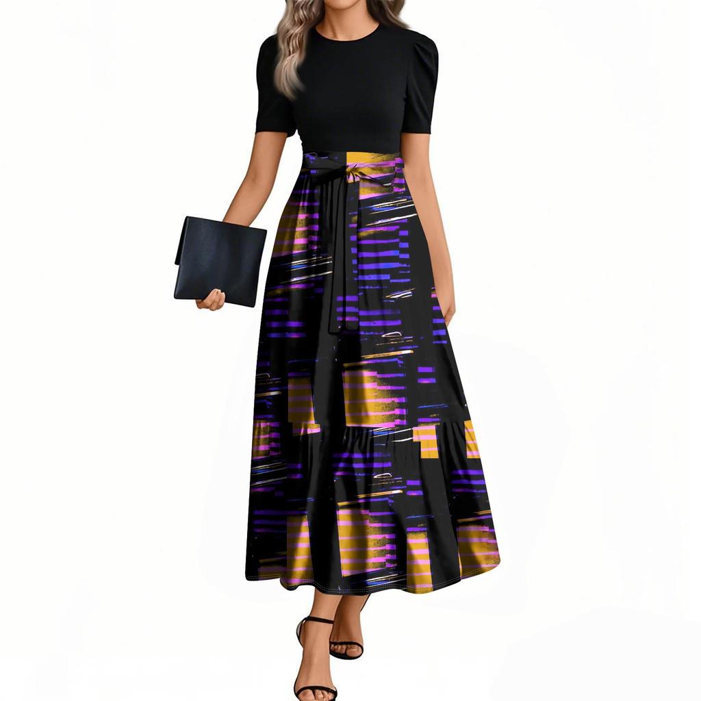 Женские модные повседневные платья с поясом, коротким рукавом, круглым вырезом, геометрическим узором, элегантные платья с темпераментом