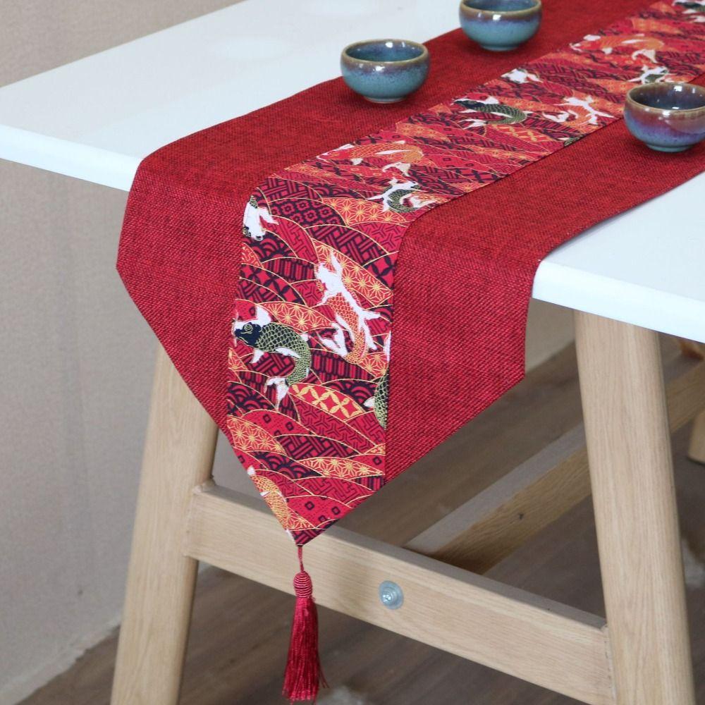 With Tassel Red Chinese Style Table Runner Cotton Linen Table Cover TableCloth  Wedding Party