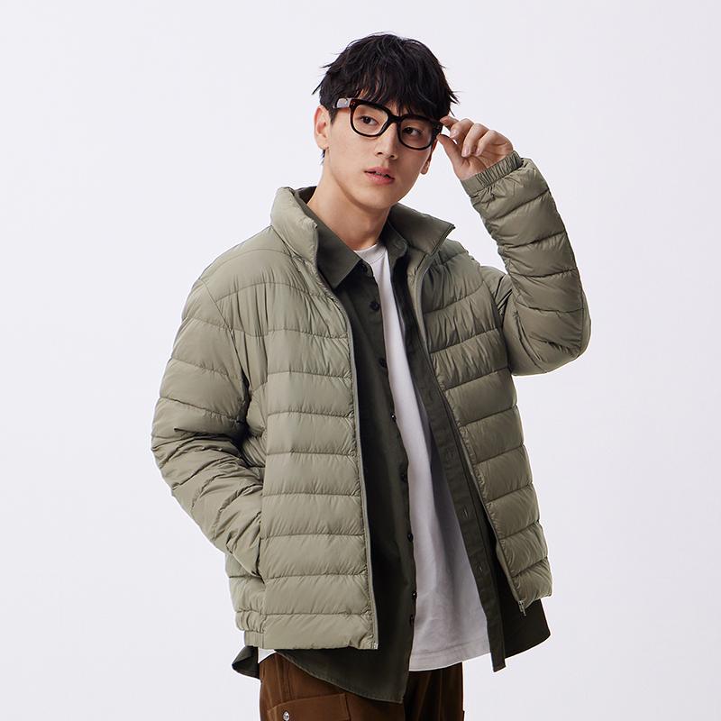 Пуховик мужской трехслойный легкий короткий зимняя теплая однотонная универсальная куртка с воротником