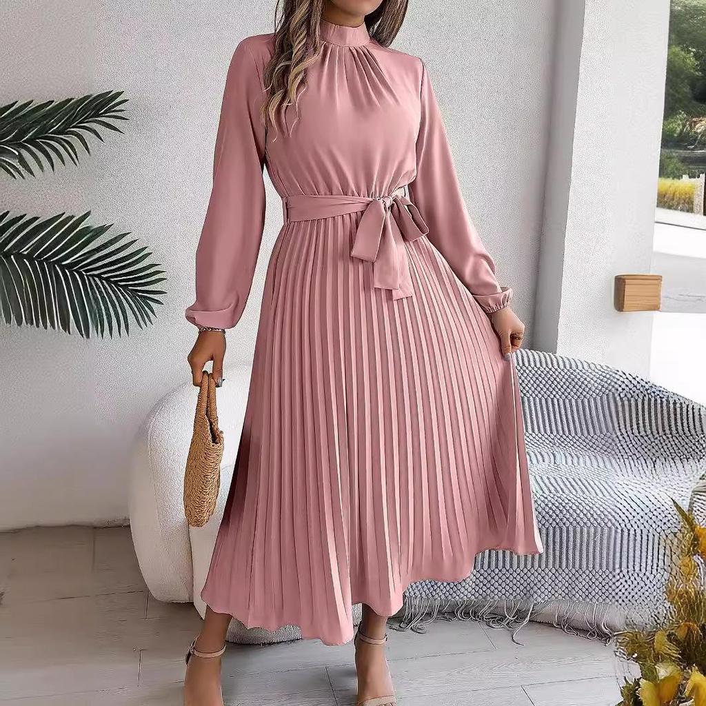 Women's Long Sleeve Maxi Dress Stand Collar High Waist A-Line Dress Loose Solid Color Pleated Long Dress