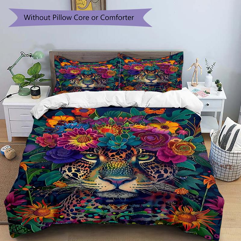 3PCs Leopard Floral Print Design Cover Set, Breathable Fabric, Machine Washable (1 Duvet Cover + 2 Pillowcases) (Without Quilt) yy250911094
