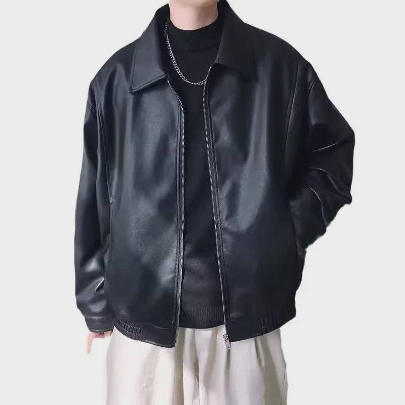 Мужская осенняя куртка из искусственной кожи с узкими лацканами для мотоцикла - модный красивый дизайн