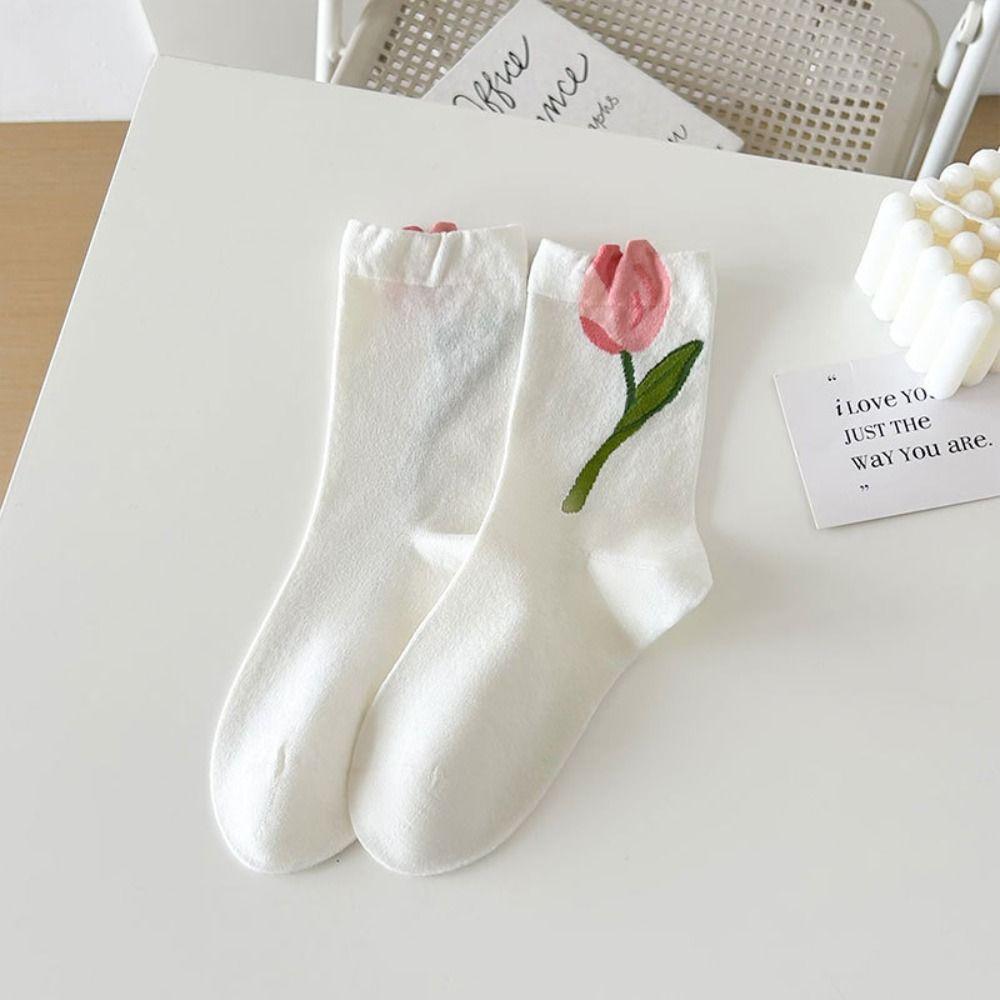 5Pairs Breathable Mid Tube Socks Thin Socks for Women Cute Tulip Flower Socks  Lady