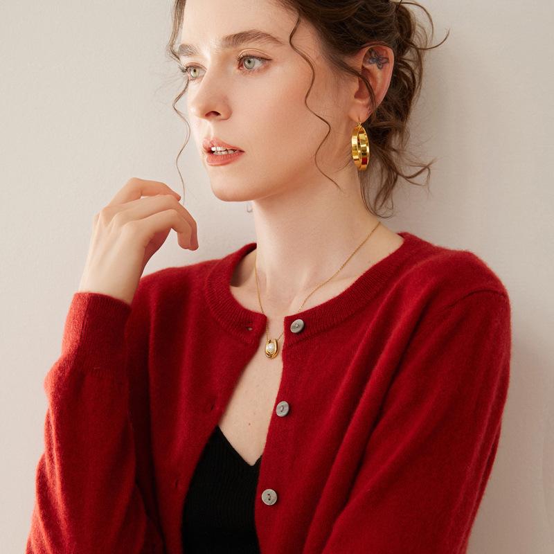 Women's Solid Color Cashmere Cardigan: Twelve-Needle, Round Neck, Loose, Single-Breasted, Slimming, Warm Sweater.