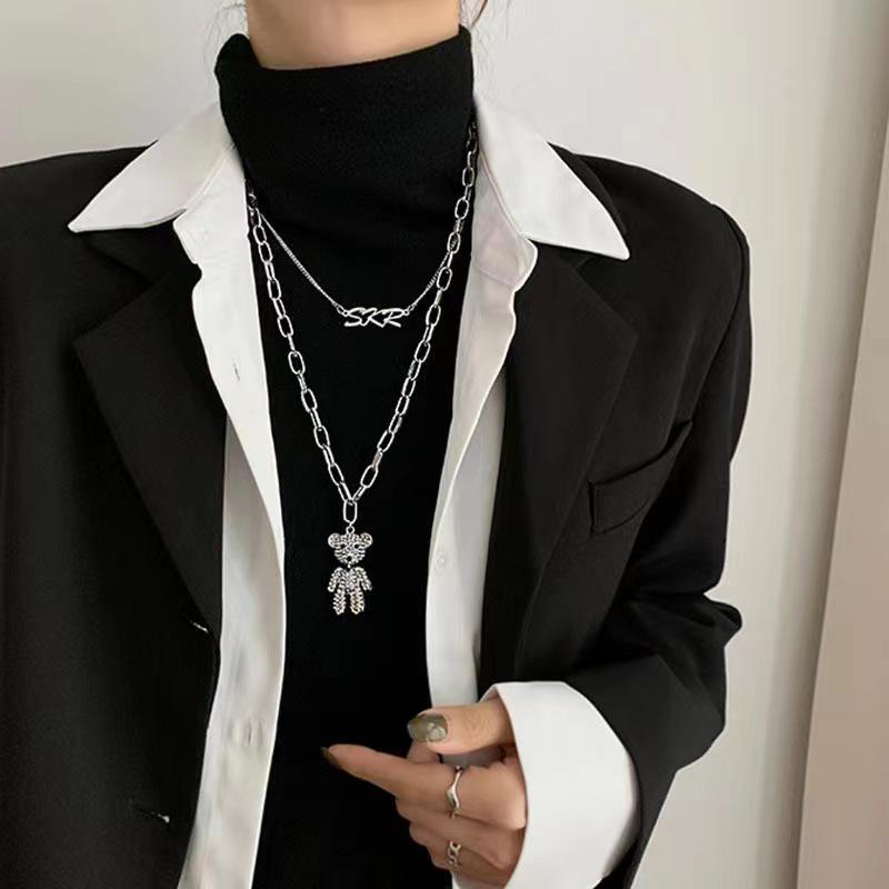 Women's Trendy Hip-Hop Bear Double-Layer Sweater Necklace - 2025 Autumn/Winter Niche Design
