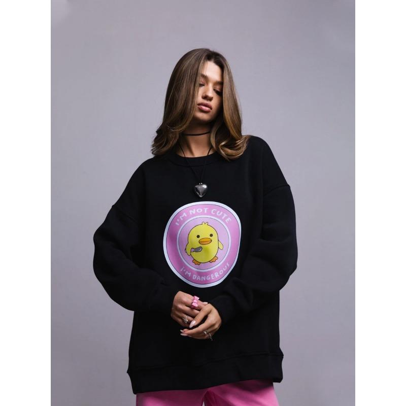 Женская осенне-зимняя свободная желтая толстовка с круглым вырезом и принтом утки Tide