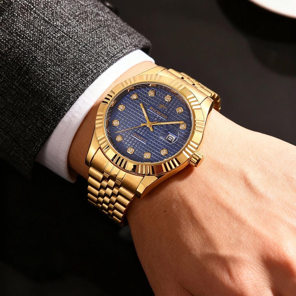 1pc quartz watch with calendar display dial set with diamonds and textured design fashionable jewelry accessories dual calend