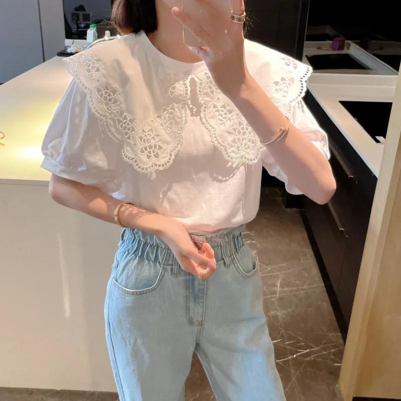 WTEMPO White Shirt Women Chic Hollow Out Peter Pan Collar Sweet T-Shirts Female Loose Y2K Korean Tops
