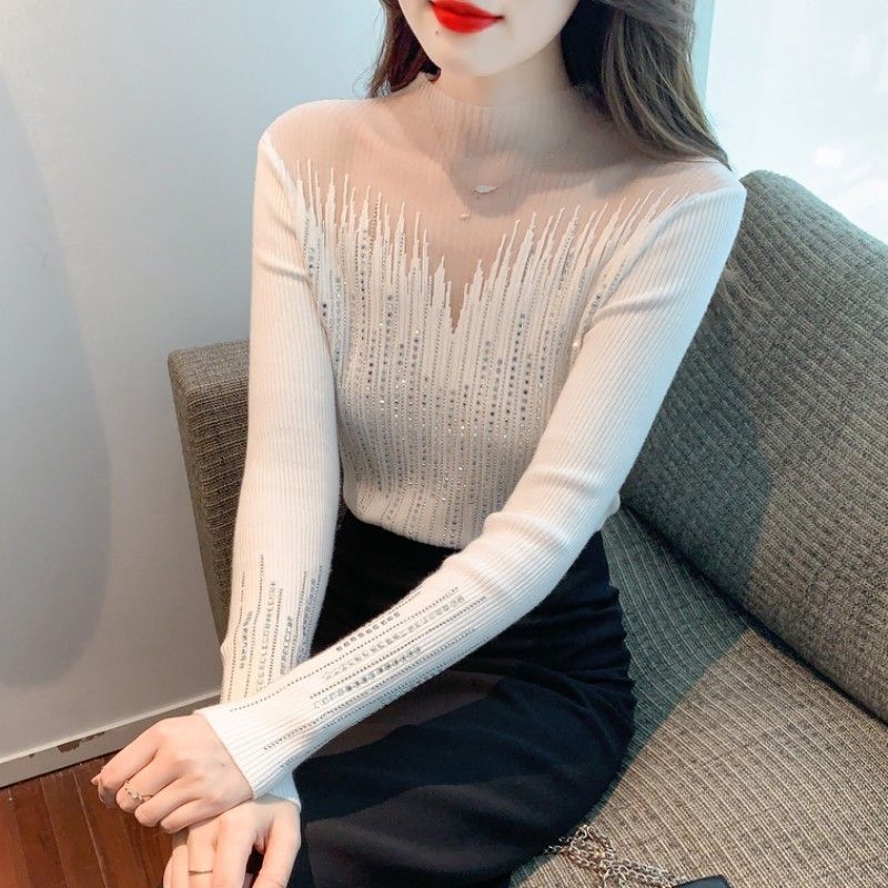 Sexy Hollow Hot Diamond Knitted Sweater for Women's Pullover Sweater Elastic Mesh Lace Bottom Top