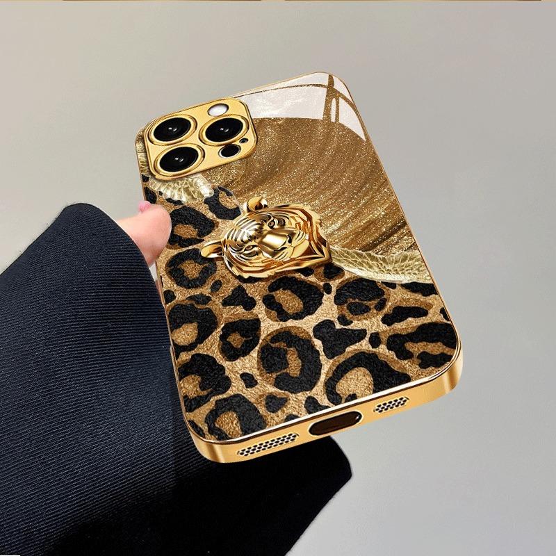 Чехол для телефона из стекла с принтом леопарда и льва, золотая металлическая краска, для iPhone 17 Pro Max 16 15 14 13 12 11 Pro 15 14 Plus 17 Air 16E