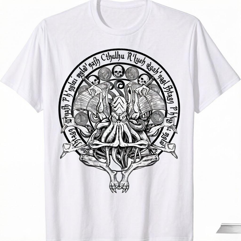 Unisexs Cthulhu Lovecraft Tshirt Green Necronomicon Rune Cthulhu Idol Design with Raccoon Skull Print Fit Cotton Crew Neck Tee