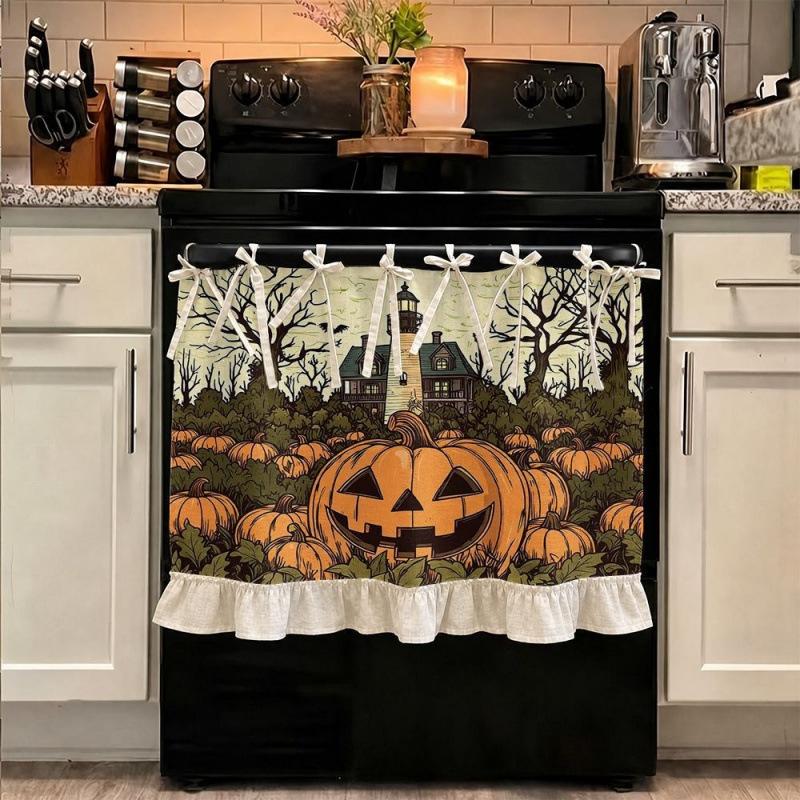 2D Halloween Autumn Pumpkin Pattern Oven Protective Curtain Dishwasher Cabinet Decor Cover Kitchen Tie Top Short Valance Curtain for Home Decoration