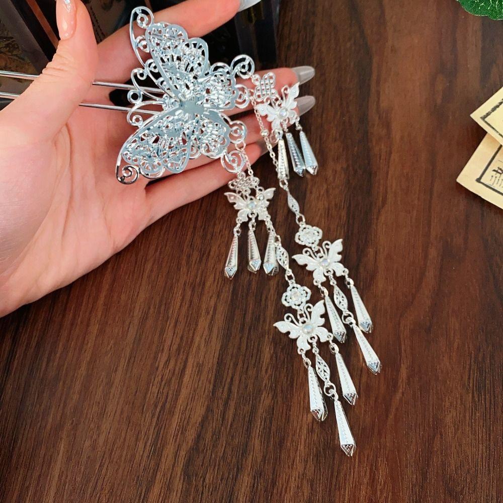 Metal Butterfly Tassel Hairpin Silver Hanfu Hair Sticks Classical Ethnic Style Headwear Girls