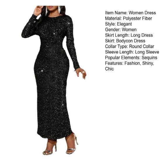 Women's Sequin Bodycon Neck Long Sleeve Maxi Dress Sparkly Crew Mermaid Dress Formal Party