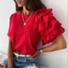 O Neck T-shirt Ruffle Sleeve Nylon Women's Tops Solid Color Women's Clothing