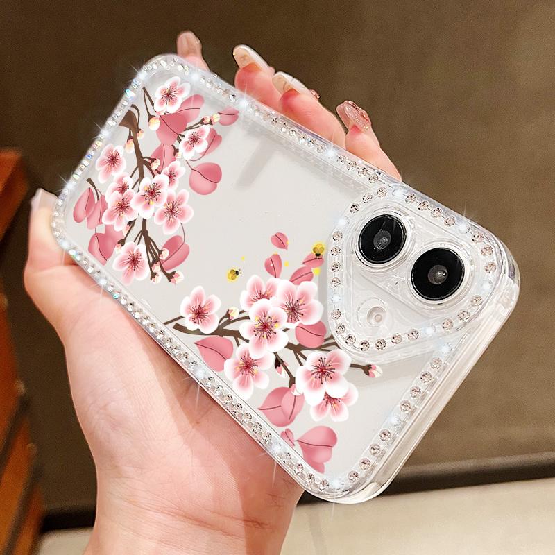 Прозрачный чехол с цветочным принтом сакуры и ромбовидной рамкой для iPhone 16E 16 15 Pro Max 14 Pro 13 12 11, противоударный чехол из мягкого силикона с защитой от падений