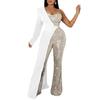 Women Jumpsuit One Shoulder One Sleeve Suit Coat Dress Patchworl Shiny Sequin Asymmetric Color Matching Wide Leg Tight Waist Prom Party Jumpsuit