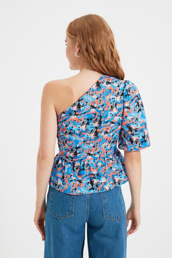 Women's Style Blouse Blue Single Sleeve Floral Woven Blouse