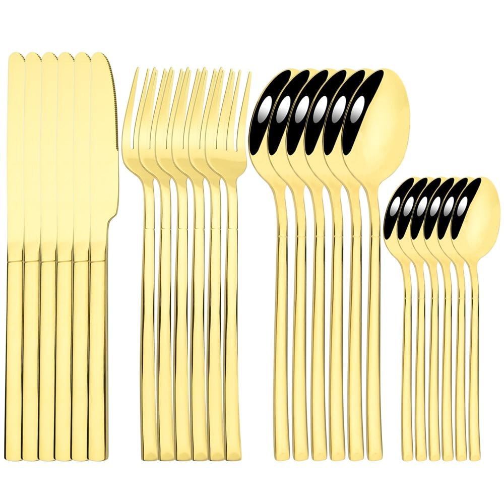 Золотая посуда, ложки, вилки, ножи, столовые приборы, 24 предмета, набор столовой посуды из нержавеющей стали, зеркальная полировка, кухонный набор столового серебра