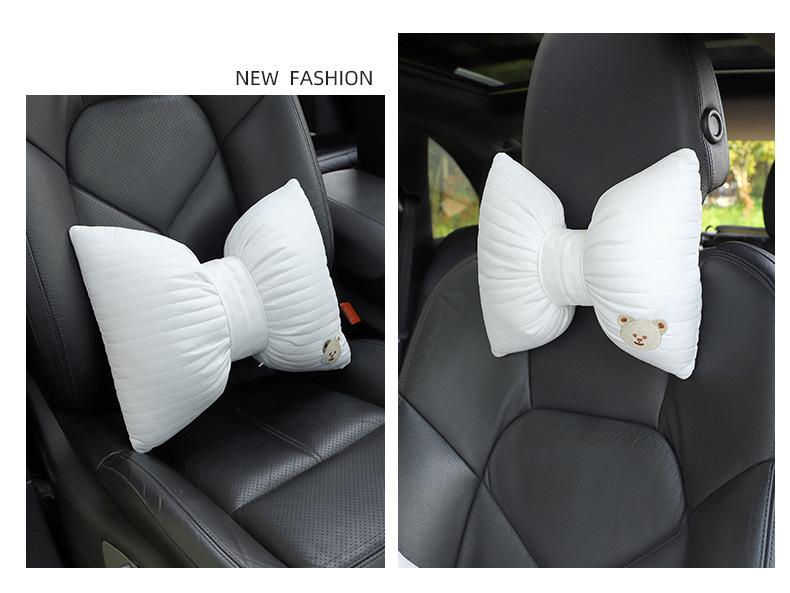 Cartoon Embroidered Bow Car Headrest Neck Pillow: Elastic, Breathable, and Stylish Car Interior Accessory.