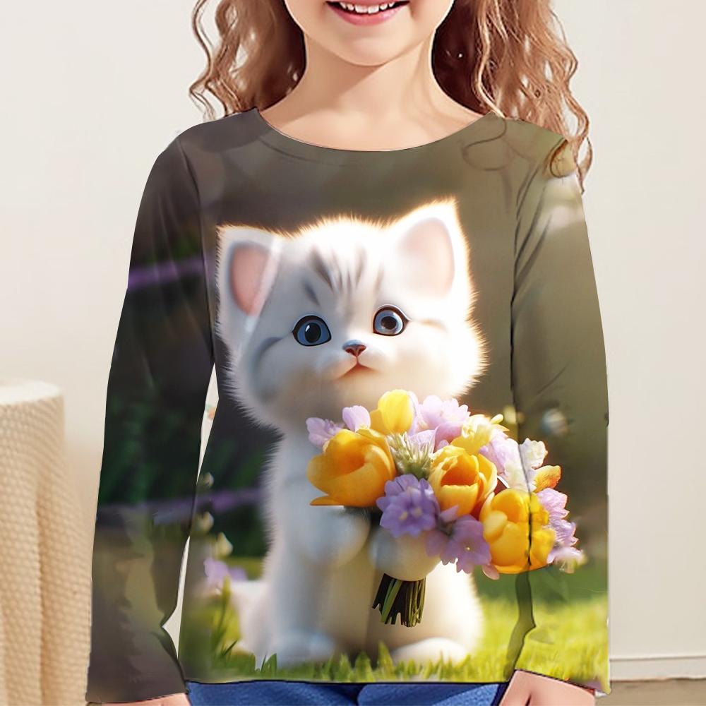Одежда для девочек Футболка с котами Футболки с длинным рукавом Футболки с девчачьим принтом Топы Детская одежда Модная принтовая летняя одежда для девочек