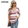Women's New Spring and Summer Printed Striped V-neck Bat Sleeve Pocket T-shirt Tops