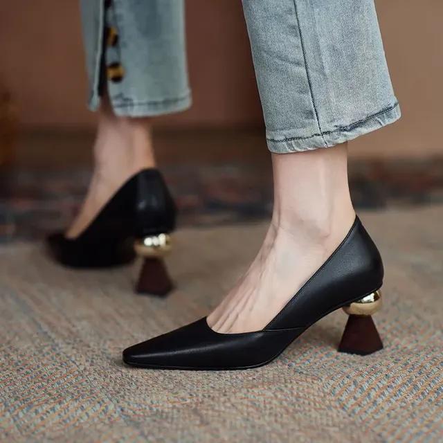 Handmade Leather Women Pumps Sexy Pointed Toe Chic Stylish Office Working Shoes Strange High Heel Stilettos Black Dress Shoes