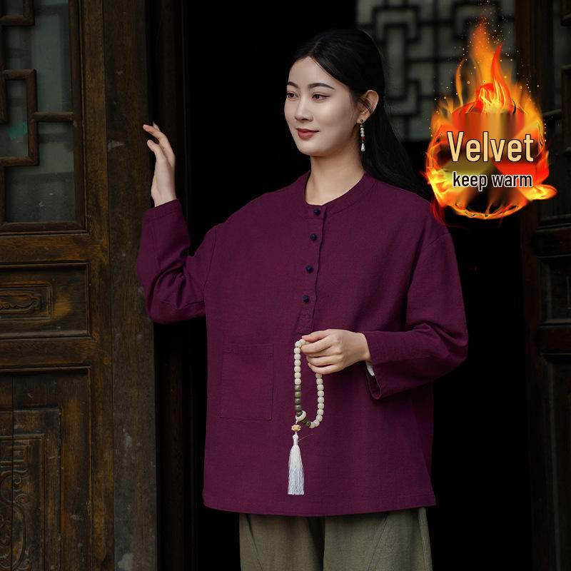 Women's Retro Chinese Style Patchwork Top: Cotton Linen with Fleece, Stand Collar, and Frog Button