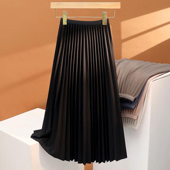 Women Pleated Skirt Elastic High Waist A-Line Long Skirt Solid Color Comfortable Fabric Versatile Skirt Daily Wear