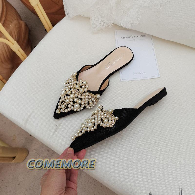 New Spring Pearl Flats Women Wedding Shoes Pointed Toe Female Dress Moccasins Low Pearl Heel Ladies Fashion Luxury Style Size 43